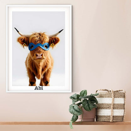 Baby highland cow print, personalised name nursery print