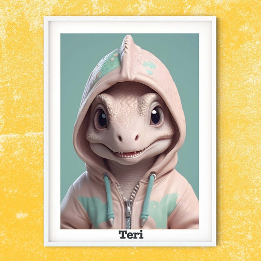 Baby Dinosaur print in a hoodie, personalised name nursery prints gift for kids