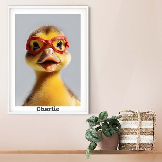 Children's Superhero Duck print, yellow duckling bib personalised nursery name prints