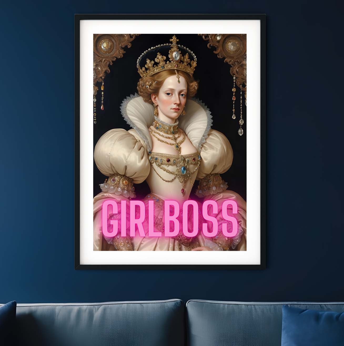 a framed picture of a woman in a pink dress