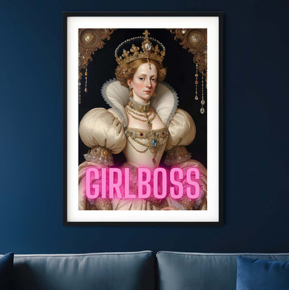 a framed picture of a woman in a pink dress