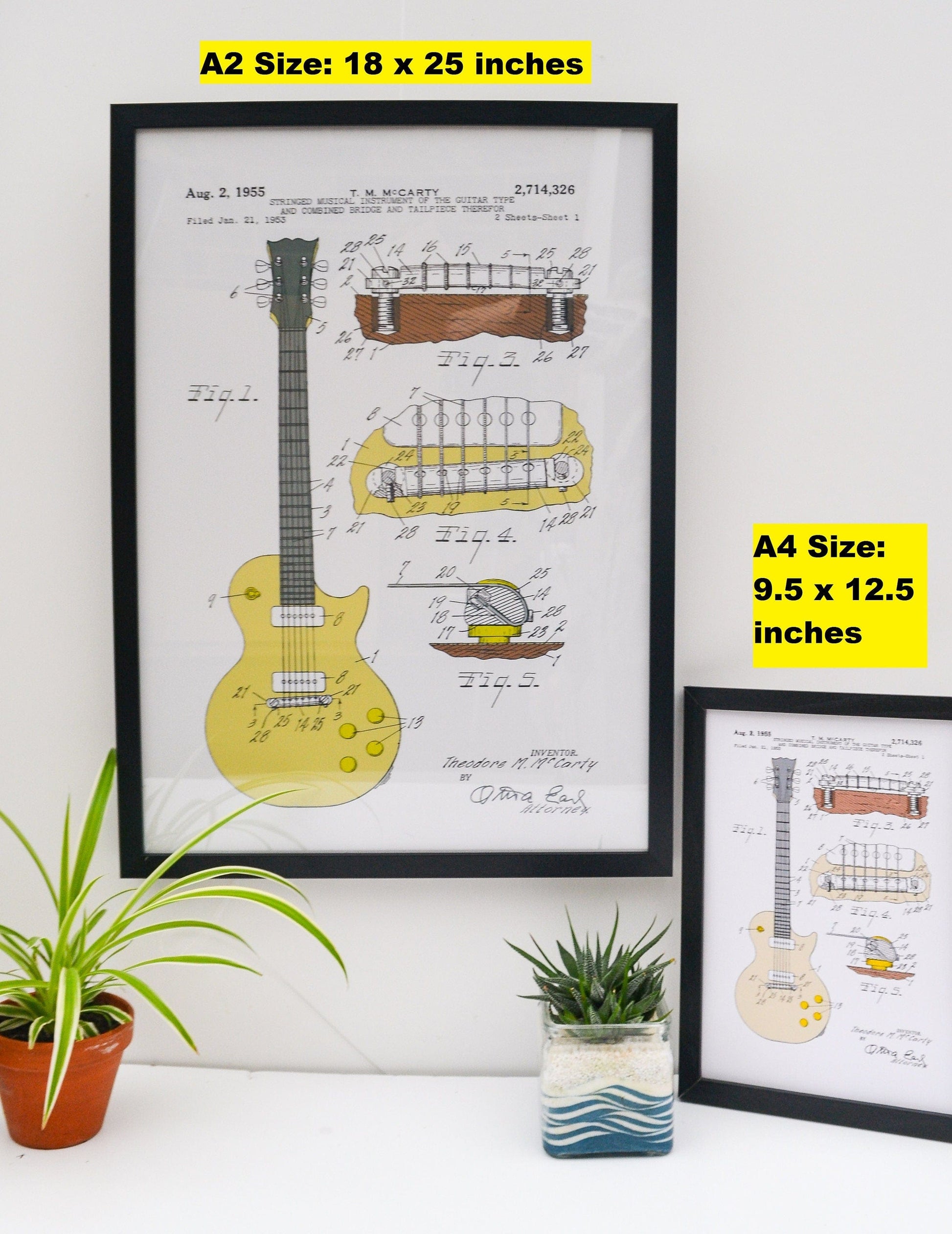 Gibson Les Paul Guitar framed print, patent print, guitar art patent drawing, Gibson guitar print