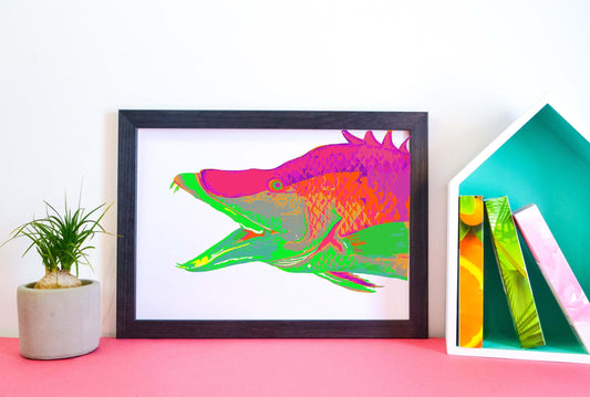 Framed Bright coloured Fish Print, vintage fish illustration print