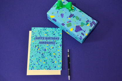 Happy Birthday Handsome Blue Terrazzo Birthday Card, husband card or boyfriend card, birthday for him