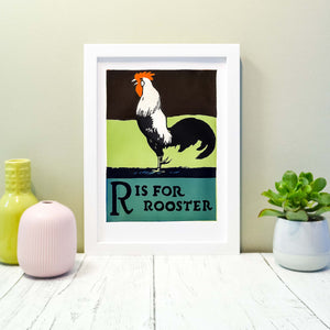 Rooster Framed Vintage Illustration Print-Childrens Alphabet Animal Print, R is for Rooster chicken ABC Wall Art Nursery Decor