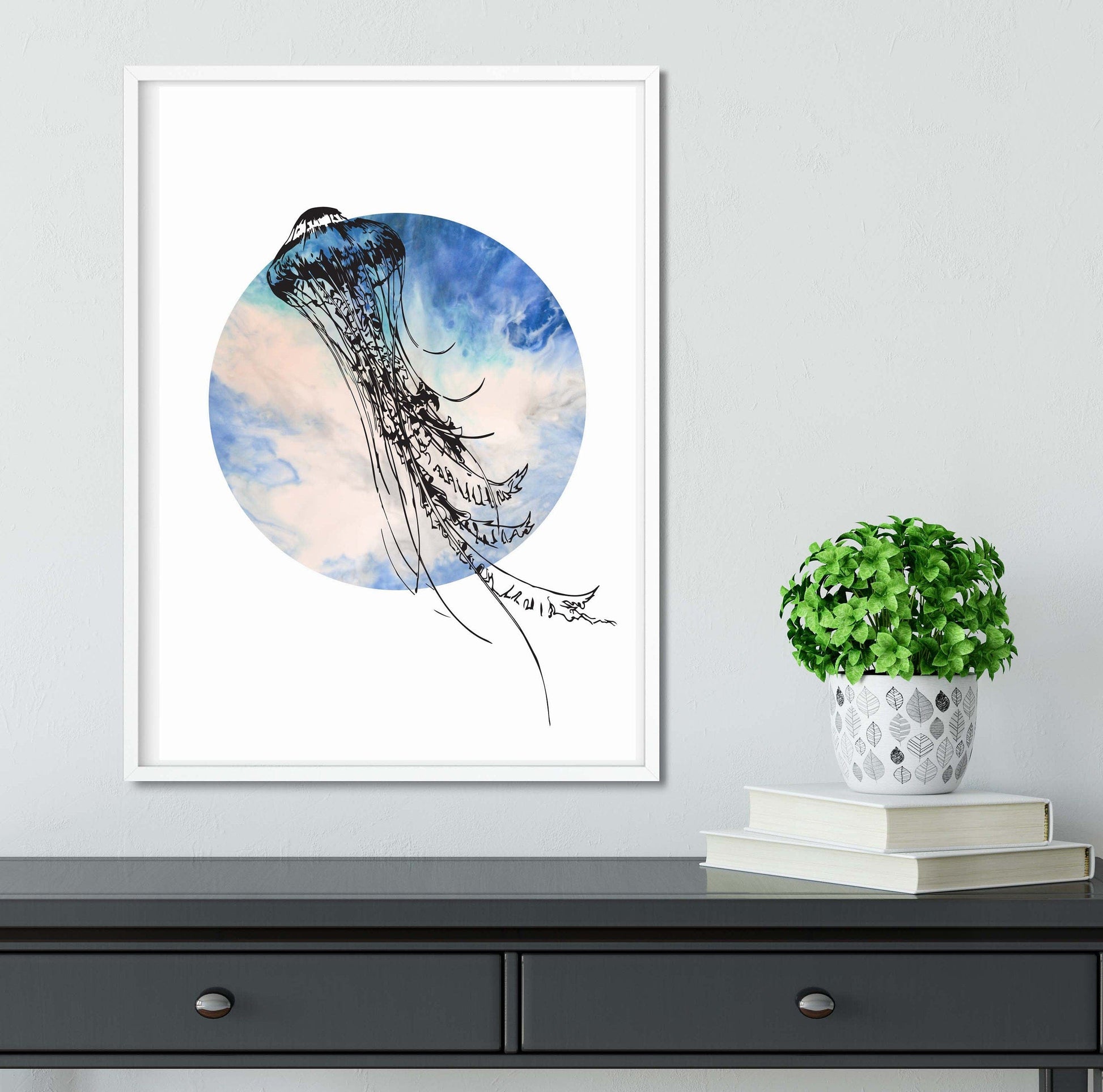 Framed Jellyfish Art Print - Jellyfish art, watercolor jellyfish wall decor