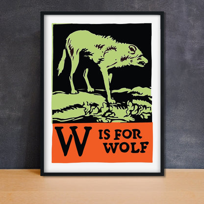 Framed Wolf Print, W is for Wolf poster, Vintage Alphabet Print Nursery art Alphabet Prints
