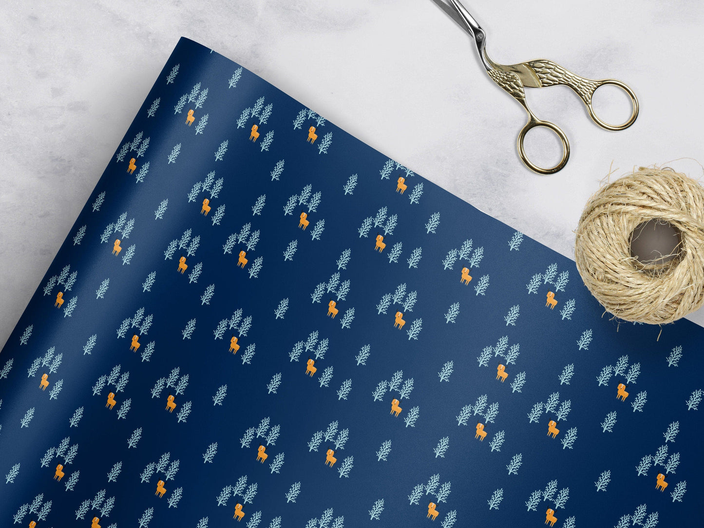 Navy Blue Christmas Wrapping Paper Set, Christmas Reindeer gift wrap