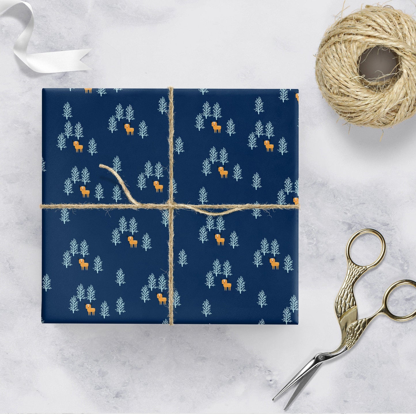 Navy Blue Christmas Wrapping Paper Set, Christmas Reindeer gift wrap