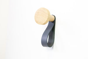 Round Oak Wood Wall Hook with leather strap, Colorful leather hook, modern coat hook or towel loop, Leather strap towel hook wall storage