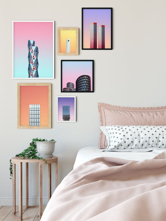 Set of 6 architecture photo framed prints, colourful print gallery wall set