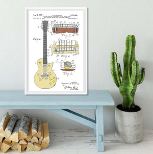 Digital Download Gibson Les Paul Guitar framed print, coloured patent print, guitar art patent drawing printable, Gibson guitar print