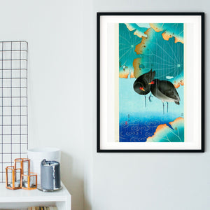 Framed Japanese Water Birds Print, Japanese Art Print, Vintage Japan art print, Vintage asian poster, Moorhens birds print framed
