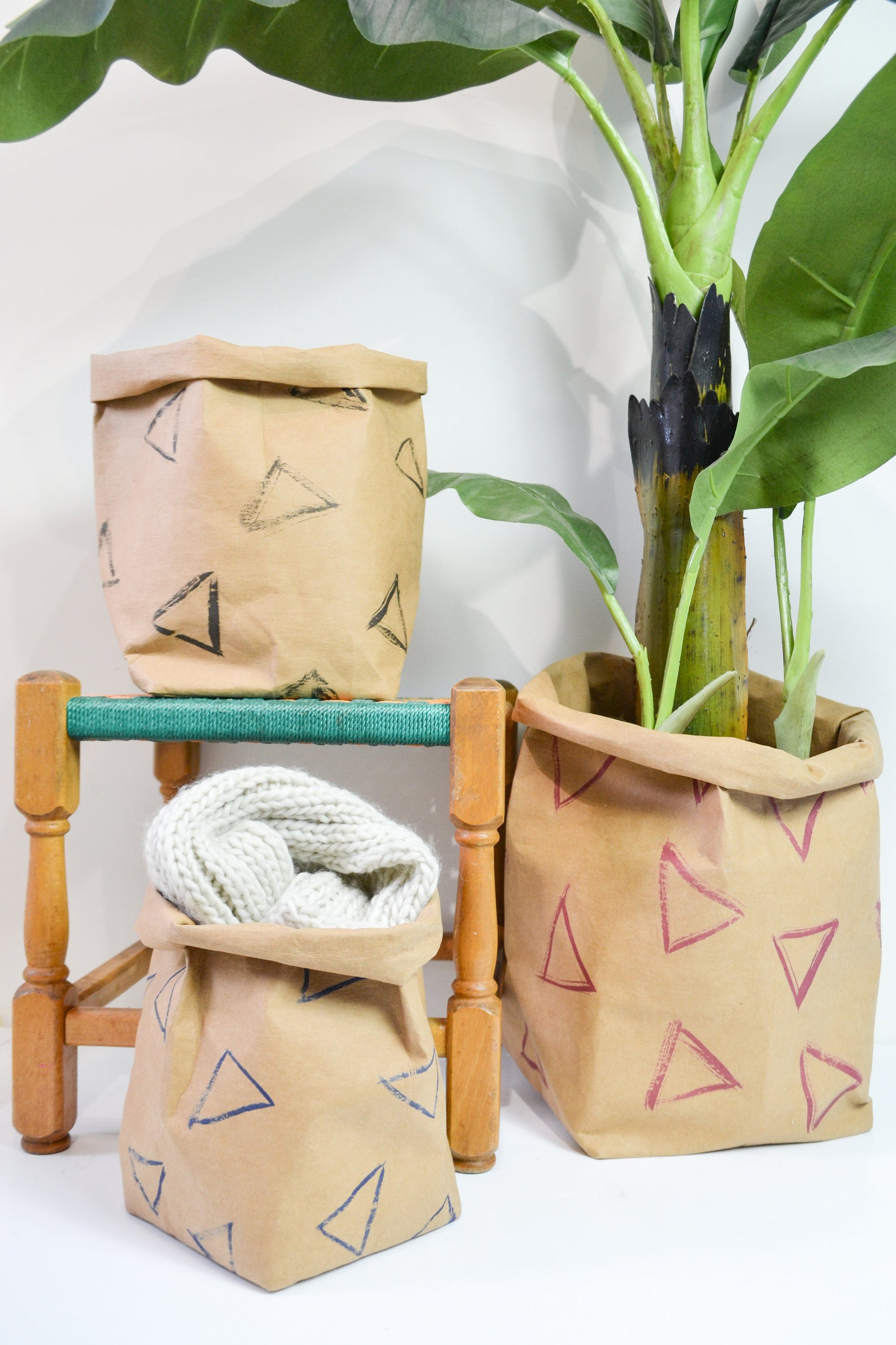 Hand painted brush stroke paper planter, washable paper bag, nordic style eco paper storage, modern storage bathroom organizer