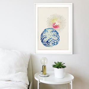 Framed Antique Japanese Circles Print, Abstract Vintage Woodblock Poster, oriental art flower Print Japan Decor minimalist wave Poster