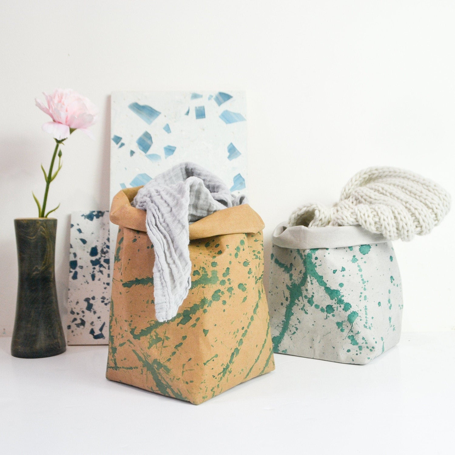 Hand painted splatter paper planter, washable paper bag, nordic style eco paper storage, modern storage bathroom organizer