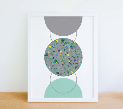 Framed Neutral Circle Terrazzo green and grey Abstract Art Print, Minimal Geometric Colour Block Print Neutral Wall Art, modern minimalist Digital Art