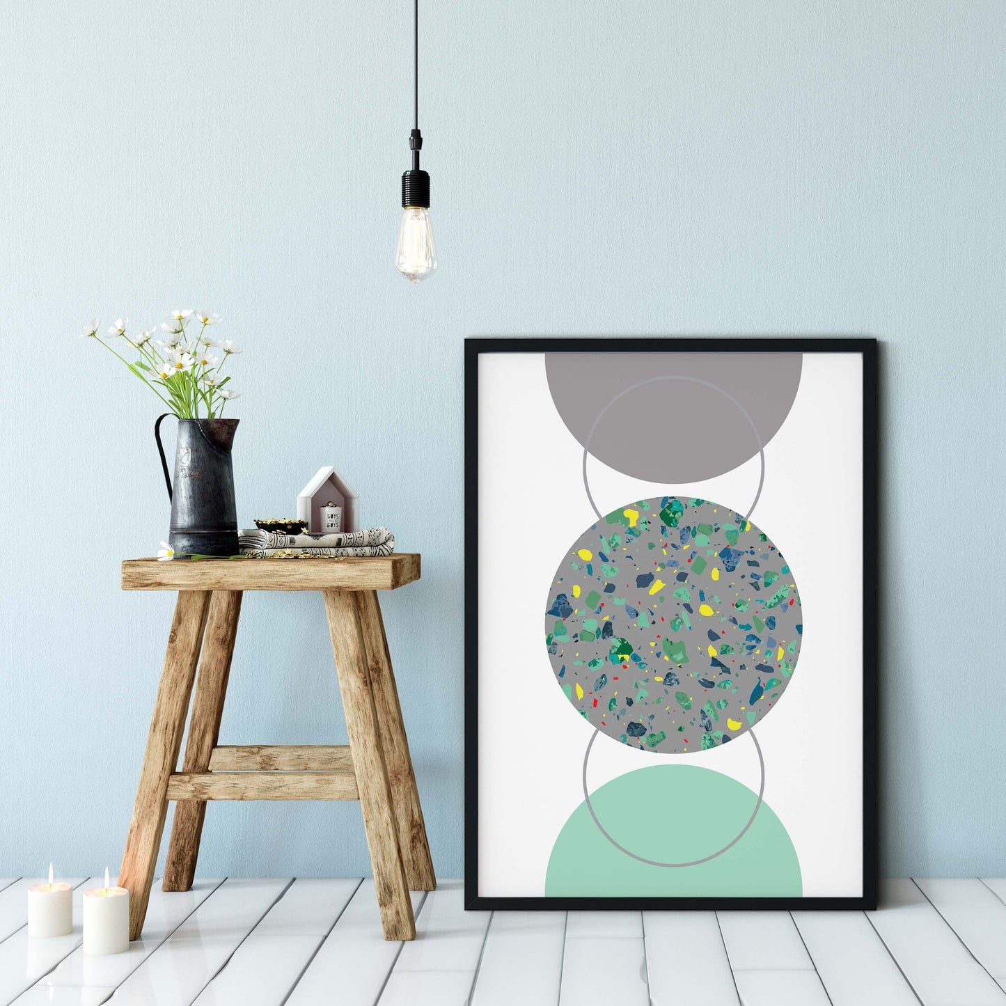 Framed Neutral Circle Terrazzo green and grey Abstract Art Print, Minimal Geometric Colour Block Print Neutral Wall Art, modern minimalist Digital Art