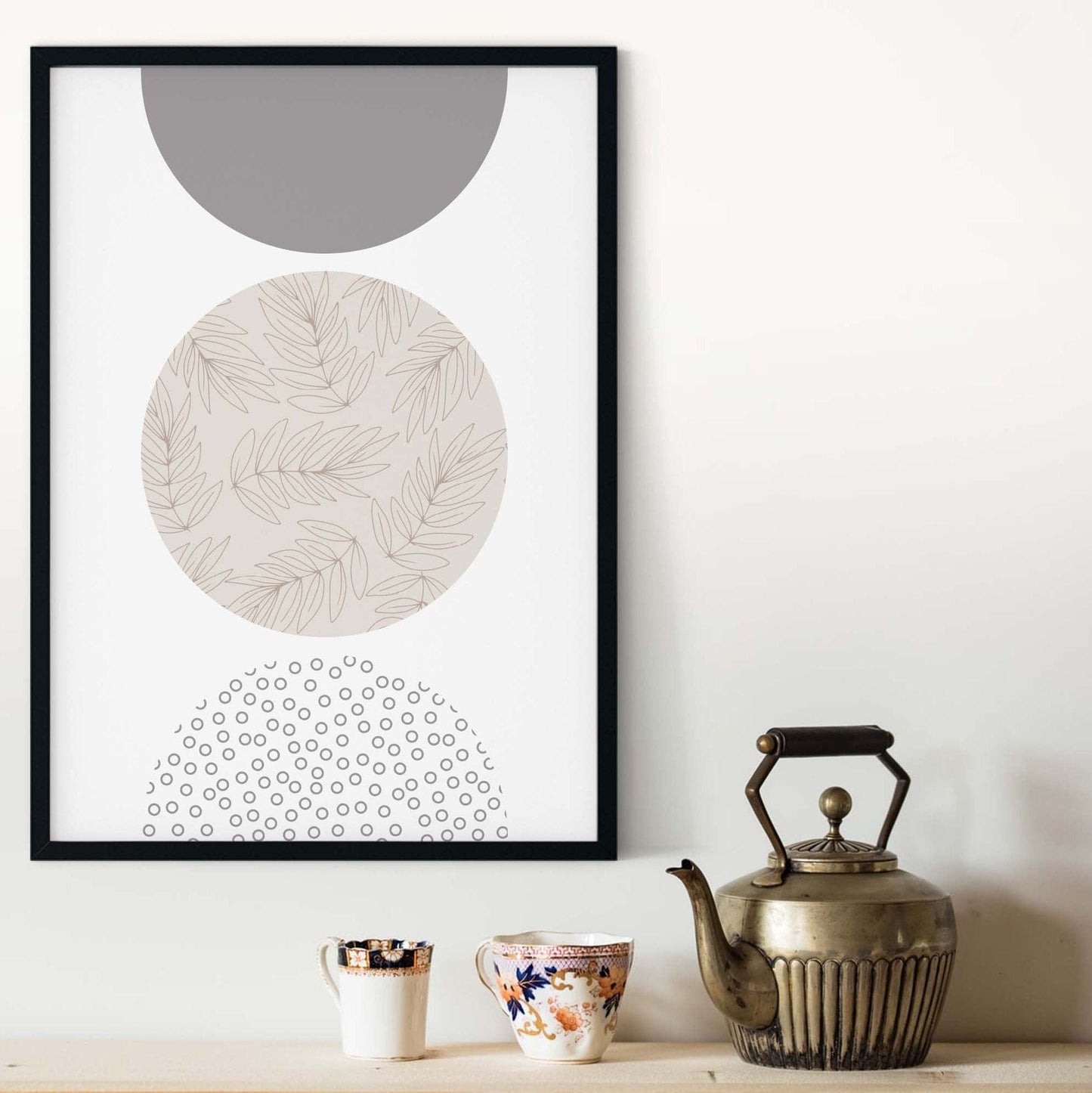 Framed Neutral Circle Textured Leaves Abstract Art Print, Minimal Geometric Colour Block Print Neutral Wall Art, modern minimalist Digital Art