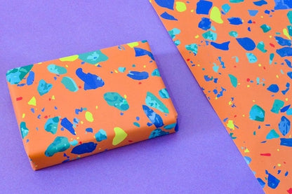 Terazzo Orange Wrapping Paper gift tag Set, Colourful luxury wrapping paper
