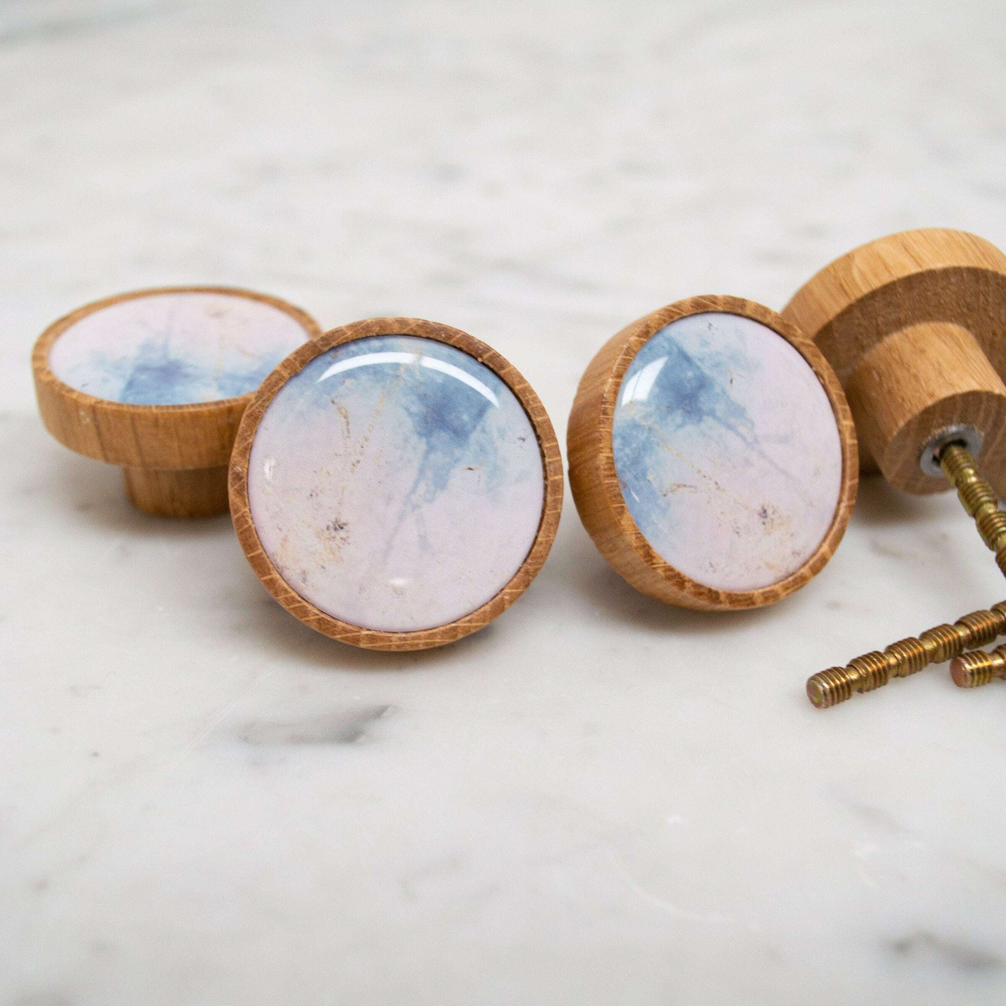 Blue white Marble Knob Oak wood Minimalist drawer knob handle