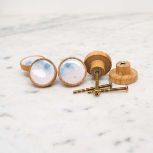 Blue white Marble Knob Oak wood Minimalist drawer knob handle