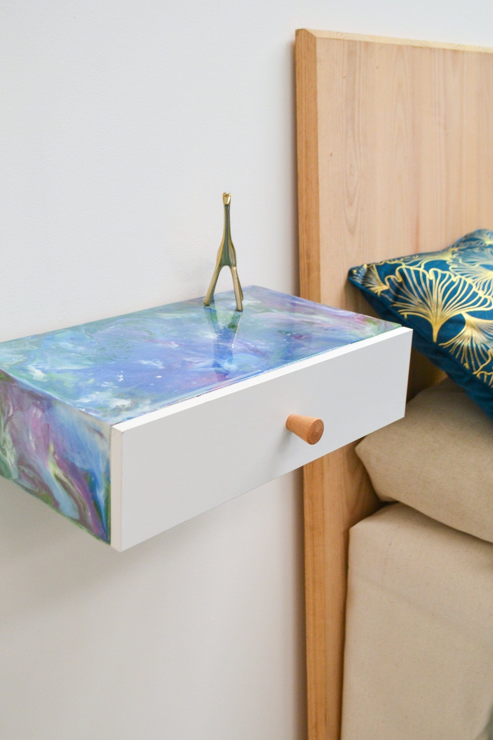 Resin Art Floating Bedside Drawer, small bedside wall hanging nightstand