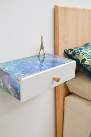 Resin Art Floating Bedside Drawer, unusual nightstand small bedside hanging drawer, epoxy floating shelf or floating console storage drawer
