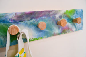 Resin Art coat rack with Oak wall hanging hooks, resin entryway rack or towel holder, custom epoxy coat rack, oak coat rack for wall storage