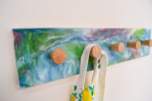 Resin coat rack with Oak wall hanging hooks, resin entryway rack