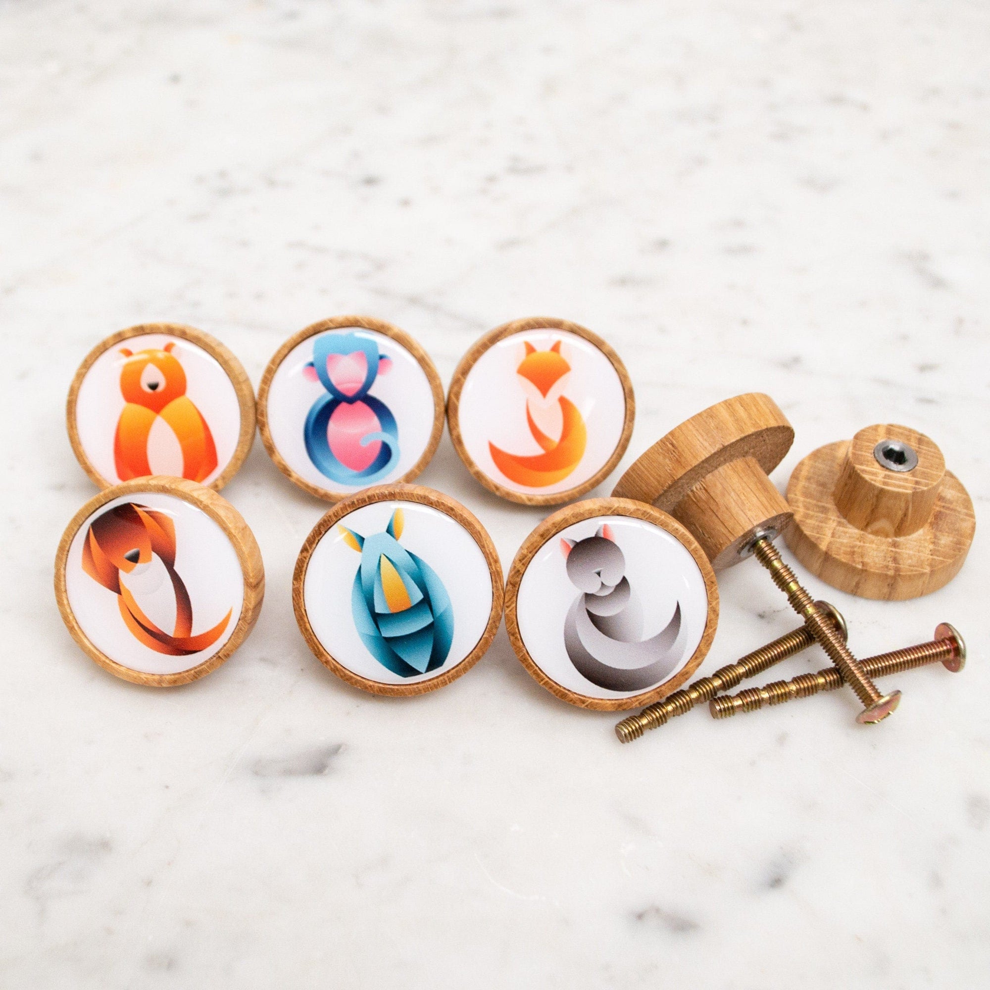Set of 6 animal drawer Knobs, geometric nursery knob wood handles