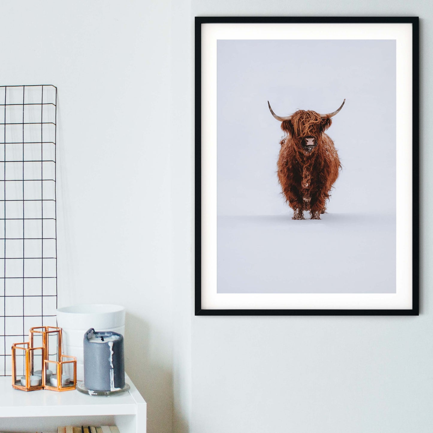 Highland cow in snow framed print, highland cow art print, cow photography print
