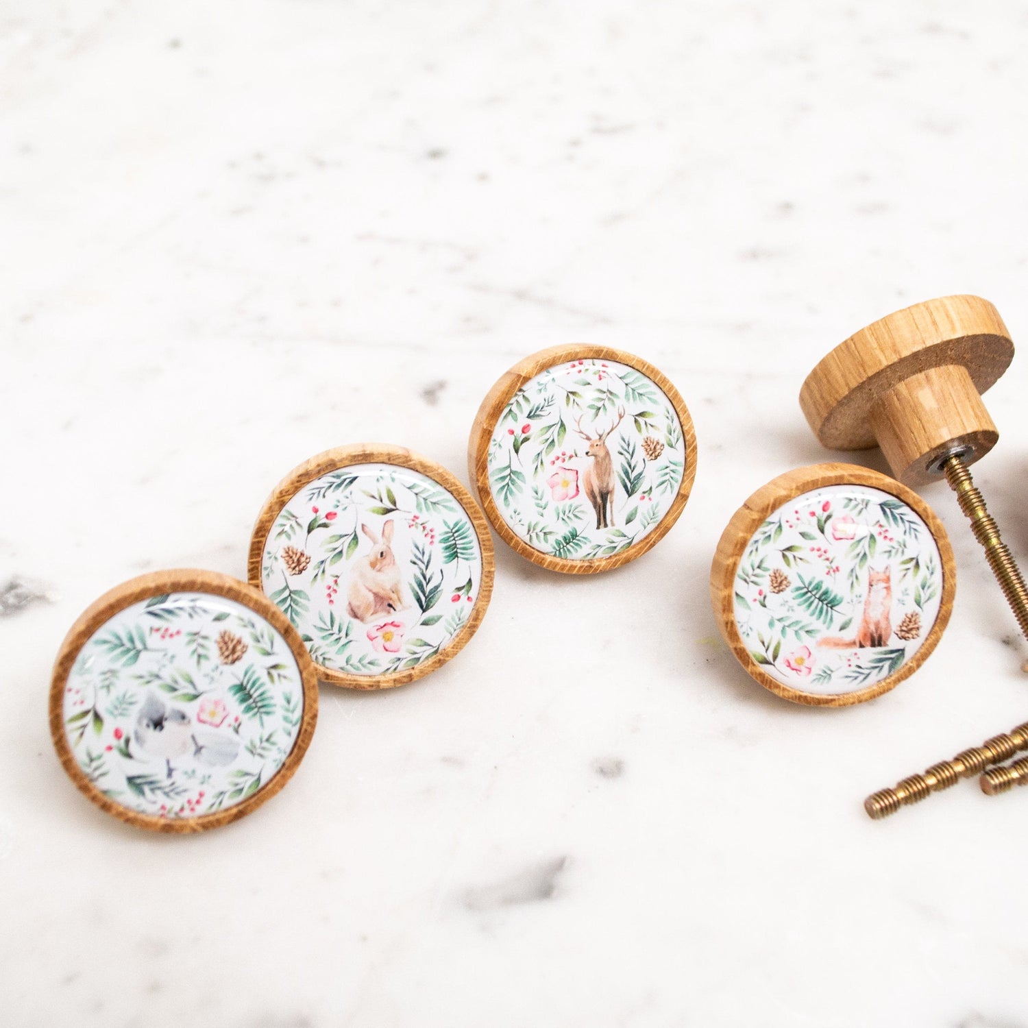 Set of 4 woodland print animal Knobs, wooden handle nursery knob