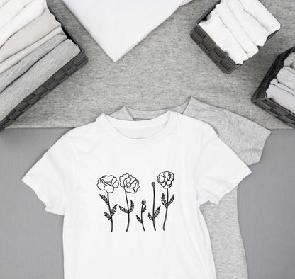 Poppy Wild Meadow Flowers t shirt, botanical floral t shirt