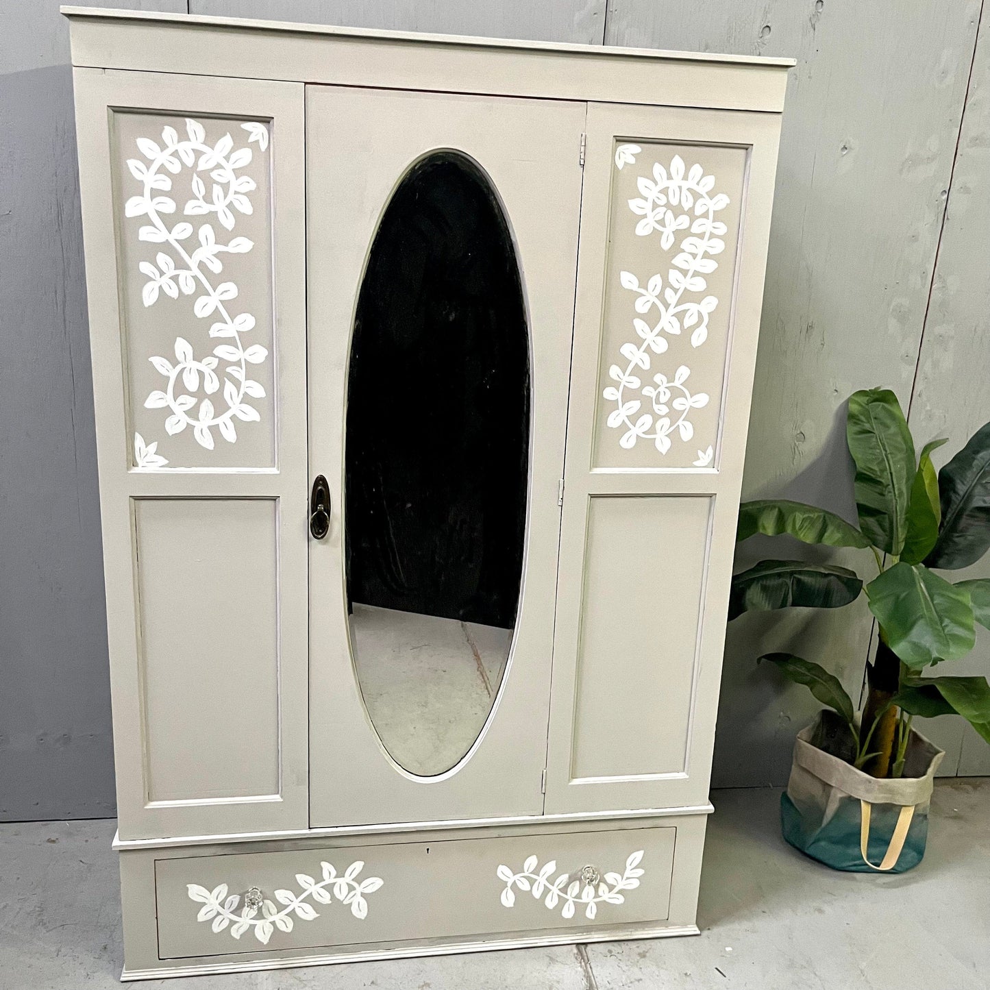 Large Upcycled hand painted vintage wardrobe with Scandinavian style floral design