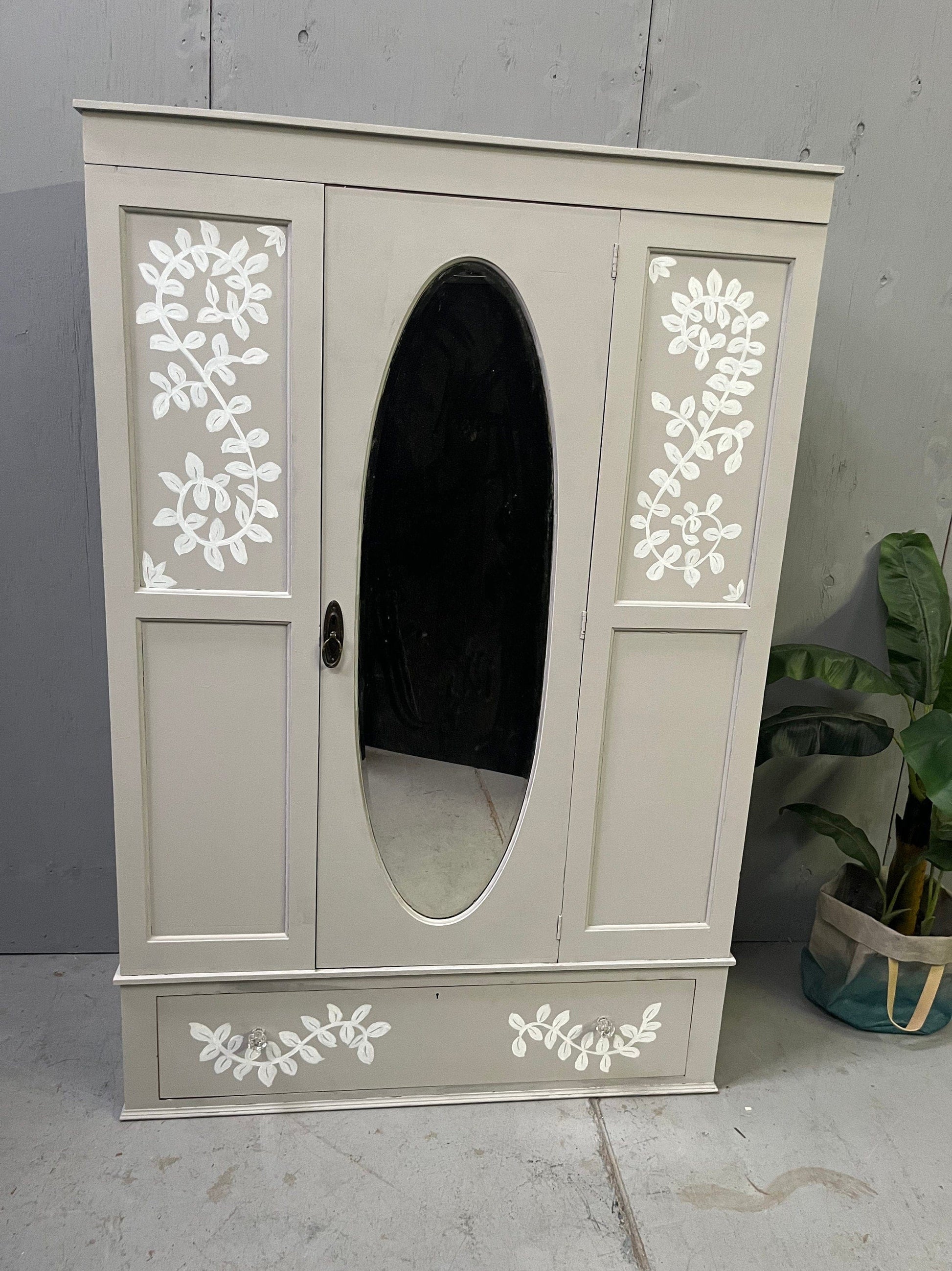 Large Upcycled hand painted vintage wardrobe with Scandinavian style floral design