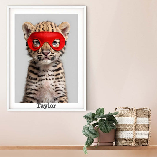Children's Superhero Leopard print, personalised safari animals nursery décor