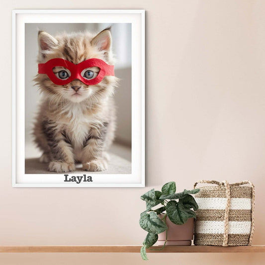 Children's Superhero Tiny Cat portrait, Fluffy Kitten print superhero gift
