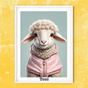 Baby sheep print, sheep in gilet personalised name nursery prints