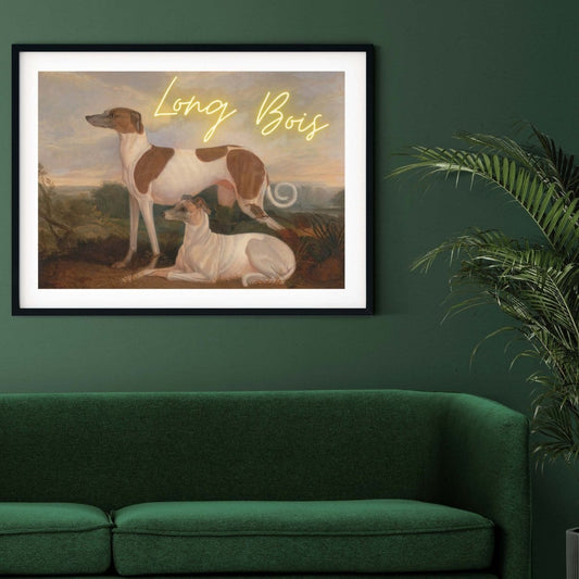 Long Bois neon art, greyhound art living room prints
