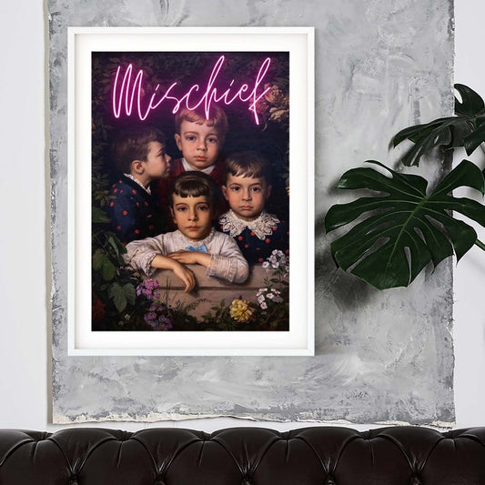 Mischief vintage oil painting neon art, modern funky print