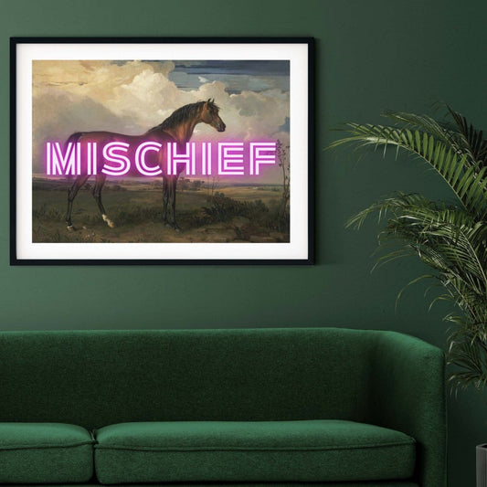 Mischief purple neon art, vintage oil paintings horse prints