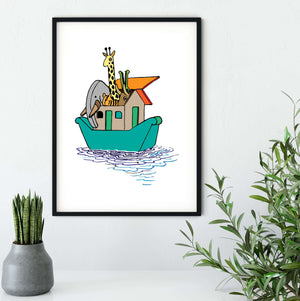Noah's Ark coloured vintage illustration print french animal prints