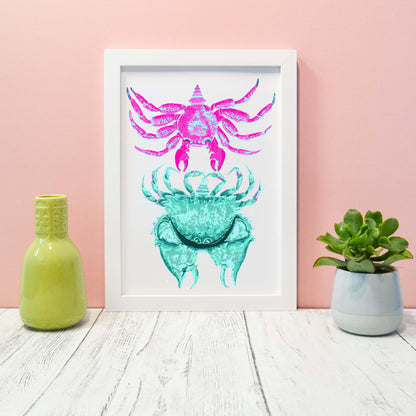 Pink and blue antique Crab illustration Print Vintage Animal Prints