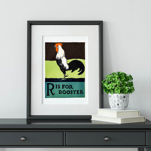 R is for Rooster print, vintage chicken print, animal alphabet letter R print