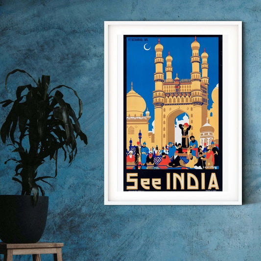 See India vintage travel print, art deco travel poster