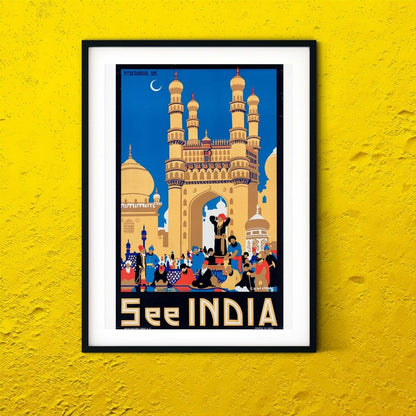See India vintage travel print, art deco travel poster