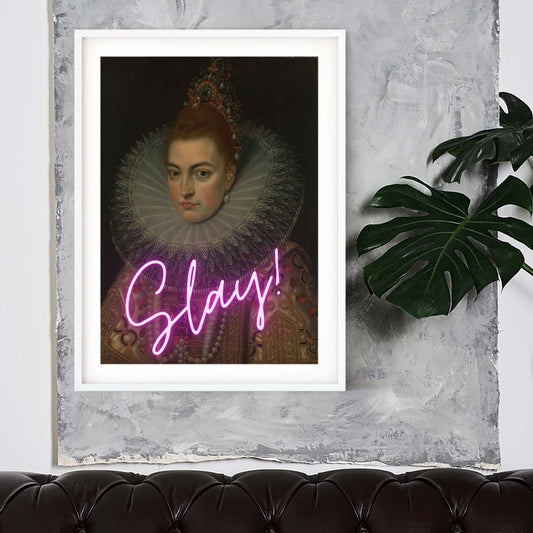 Slay purple neon art, vintage oil painting funky prints