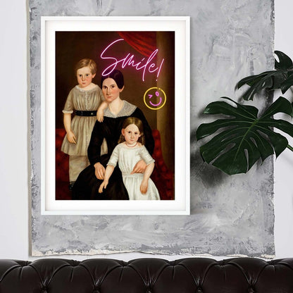 Smile purple neon art, vintage oil family painting funky prints